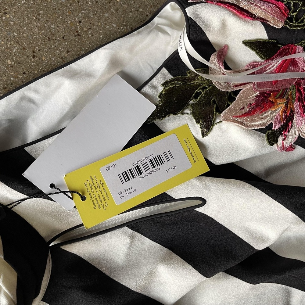 Karen Millen Dress Womens US 6 Black White Stripe Floral Embroidered Halter Midi - Picture 2 of 5
